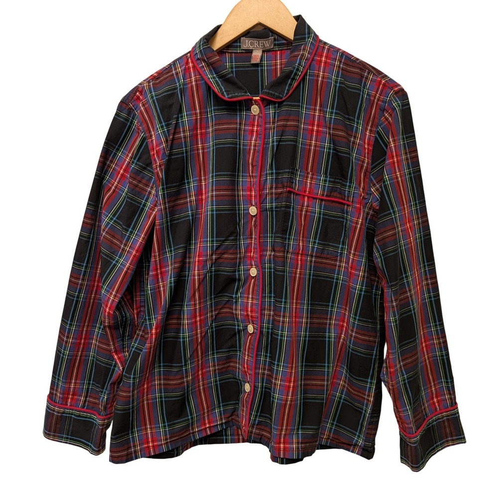 J. Crew Plaid Pajama Top Long Sleeve Button Up Women's Size M Christmas Holidays